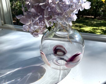 Hand Blown Glass Orb Bud Vase, Purple Murrine, Retro Decor