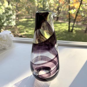 Hand Blown Glass Pitcher: Purple Swirl Modern Serving Ware
