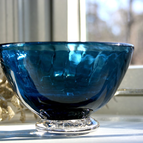 Hand Blown Glass Pedestal Bowl, Deep Blue, Serving Bowl, Fruit Bowl, Footed Bowl, Handblown, Minimalist, StudioAtPennyLane, Mediterranean