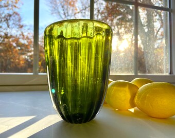 Handblown Olive Green Glass Vase: Ridged Boho Decor