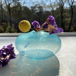 Hand-Blown Glass Bud Vase, Light Blue, Recycled, Abstract Pattern, StudioAtPennyLane, Handblown, Repurposed, Eco Chic, Boho, Squat, Low Vase