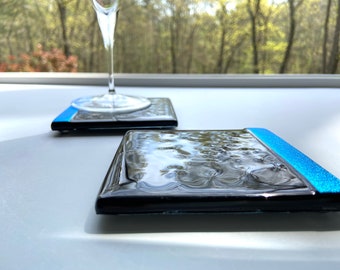 Posavasos de vidrio fundido (juego de 2): negro y azul metalizado, decoración minimalista moderna