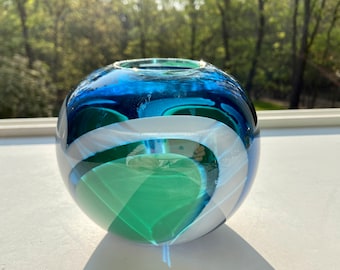 Hand Blown Glass Orb Vase: Blue Green Murrine Pattern