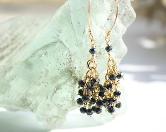 Black Spinel Cluster Dangle Earrings: Gold Plated Wire Wrapped