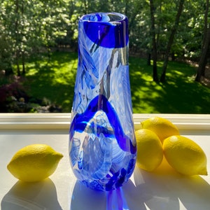 Hand Blown Glass Vase, Blue and White Murrini, Murrine, Teardrop Vase, Handblown, TheStudioAtPennyLane, Unique Pattern Vase, Boho Chic