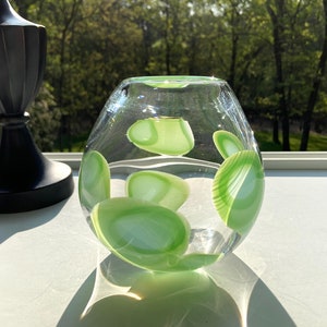 Hand Blown Glass Vase, Green and Blue Murrine, Orb Vase, Handblown, StudioAtPennyLane, Unique Pattern, Modern Abstract, Bud Vase, Sphere