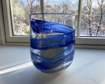 Hand Blown Glass Votive: Denim Blue Candle Holder, Boho Decor