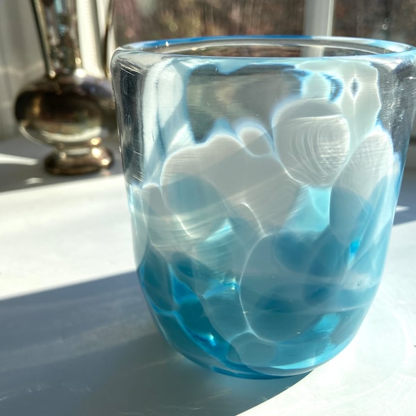 Hand Blown Glass Votive: Aquamarine Blue Abstract Candle Holder
