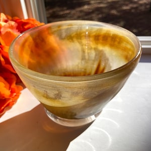 Hand Blown Glass Pedestal Bowl, Tableware, Matte Dark Amber Gold, Shabby Chic, Fluted Footed Bowl, Hand-blown, Fruit Bowl, DISCOUNTED, Gift