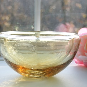 Hand Blown Glass Bowl, Large Bowl, Gold Amber, Handblown, TheStudioAtPennyLane, Glassware, Serving Bowl, Jewelry Holder, Boho Chic, Simple