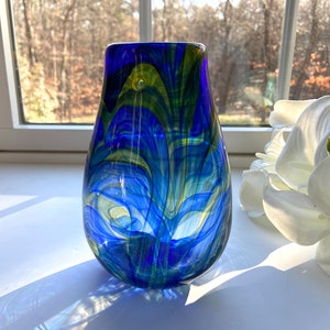 Hand Blown Glass Vase, Cobalt Blue and Orange, Swirl, Feathered Vase, Unique Home Decor, StudioAtPennyLane, Handblown, Abstract, DISCOUNTED
