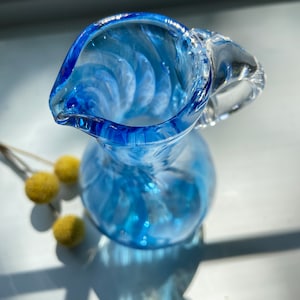 Hand Blown Glass Pitcher, Blue and White Swirl, Long Neck Pitcher, Handblown, Serving Piece, The Studio at Penny Lane, Glassware, Boho Chic