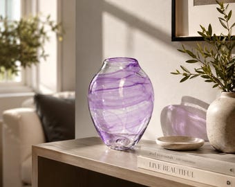 Hand Blown Glass Vase: Light Amethyst Purple Textured Urn