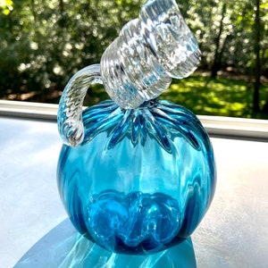 Handblown Glass Pumpkin, Aqua Blue, Clear Twisty Stem, Harvest Decor, Autumn Decor, Beachy Fall Accent, StudioAtPennyLane, Blue Pumpkin