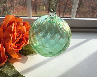 Green Hand Blown Glass Ornament: Unique Textured Orb