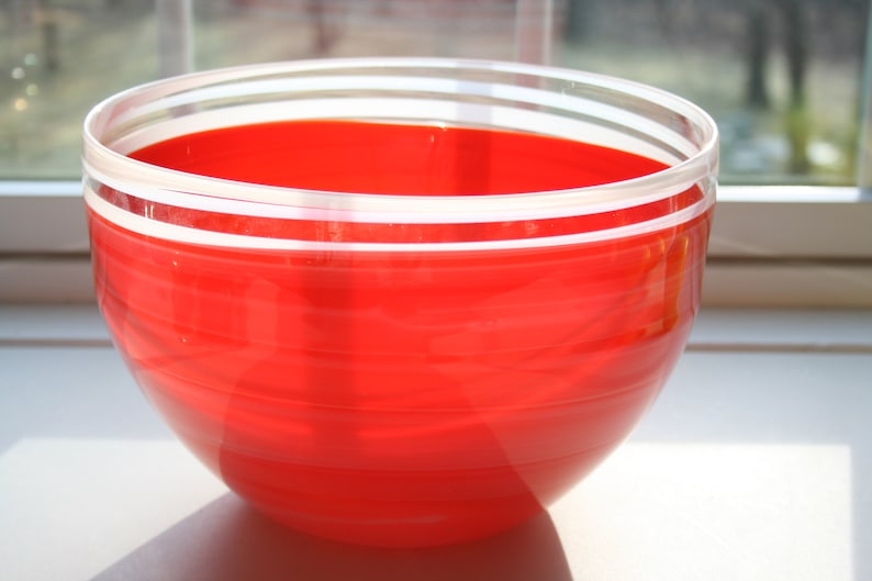 Hand Blown Glass Bowl Large Red And White Handblown The Studio At Penny Lane Glassware Serving Tableware Centerpiece