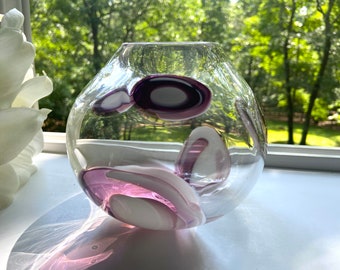 Hand Blown Glass Vase, Purple Murrine Orb, Housewarming Gift