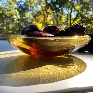 Hand Blown Glass Bowl, Low Bowl, Gold Amber, Hand-blown, TheStudioAtPennyLane, Glassware, Serving Bowl, Tableware, Boho Chic, Simple, Autumn