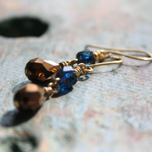 Dangle Earrings, Bronze and Blue, Faceted Bronze Teardrop and Deep Aquamarine Blue, Dangly, Chandelier Earrings, Boho, Minimalist