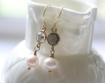 Smoky Quartz Dangle Earrings: Vermeil Gold, Freshwater Pearl, Boho