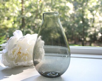 Hand Blown Glass Genie Vase: Transparent Light Gray, Minimalist Boho Decor