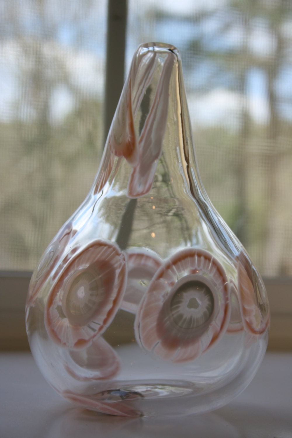 Hand Blown Glass Vase Peach And White Murrini Glass High Neck Etsy