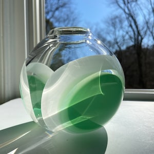 Hand Blown Glass Vase, Green and White Murrine, Orb Vase, Handblown, StudioAtPennyLane, Unique Pattern, Modern Abstract, Bud Vase, Petite
