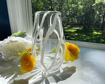 Hand Blown Glass Teardrop Vase: White Ribbon Abstract Design