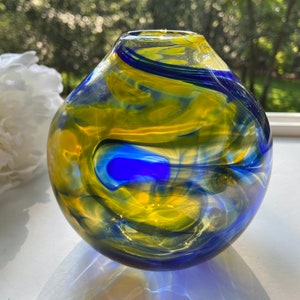 Hand Blown Glass Vase, Cobalt Blue and Yellow, Swirl Vase, Bubble Vase, Unique, StudioAtPennyLane, Handblown, Abstract Glass Vase, Swirl