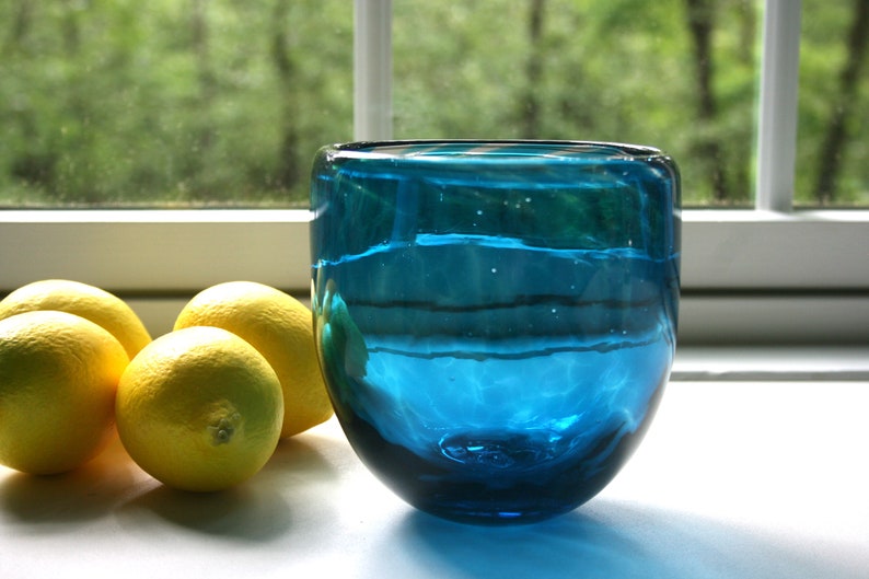 Hand-Blown Glass Votive, Aquamarine Tall Vase, Candle Holder, Handblown, Handmade Minimalist, Boho, Vase by Studio At Penny Lane, Lighting image 1