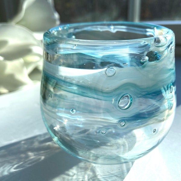 Hand Blown Glass Votive: Aquamarine Blue Swirl Candle Holder