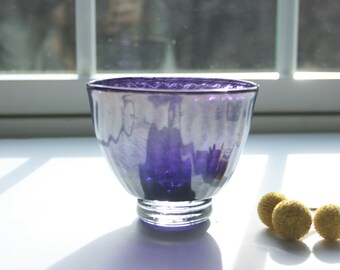 Hand Blown Amethyst Purple Glass Pedestal Bowl: Iridescent Fluted Serving Bowl