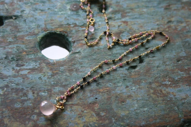 TheStudioAtPennyLane Semi-Precious Gemstones Delicate Pendant Necklace Long Necklace Fresh Multi-Color Tourmaline and Pink Quartz