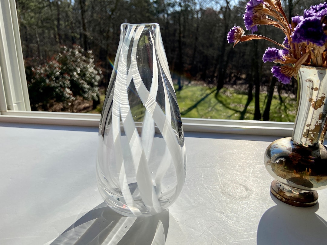 Hand Blown Glass Vase, White Ribbon, Teardrop Vase, Handblown