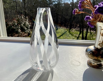 Hand Blown Teardrop Glass Vase: White Ribbon Abstract Design
