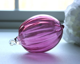 Light Cranberry Pink, Hand Blown Glass Ornament, Christmas Tree, Ridged, Sun Catcher, Xmas, Textured Ornament, Handblown, StudioAtPennyLane