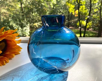 Hand-Blown Sapphire Blue Glass Bud Vase: Abstract Boho Vase