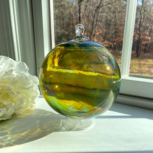 Multi-Color Hand Blown Glass Ornament, Suncatcher, Orb, Sphere, Glass Ball, Xmas Decor, Extra Large, Golden Glass Orb, TheStudioAtPennyLane