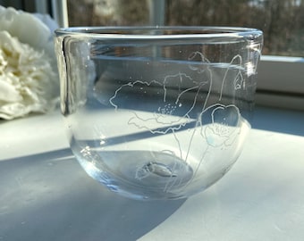 Hand Blown Glass Votive, Candle Holder, Etched Flowers, Handblown, Poppies, StudioAtPennyLane, Lighting, Unique Gift, Whimsical, Engraved