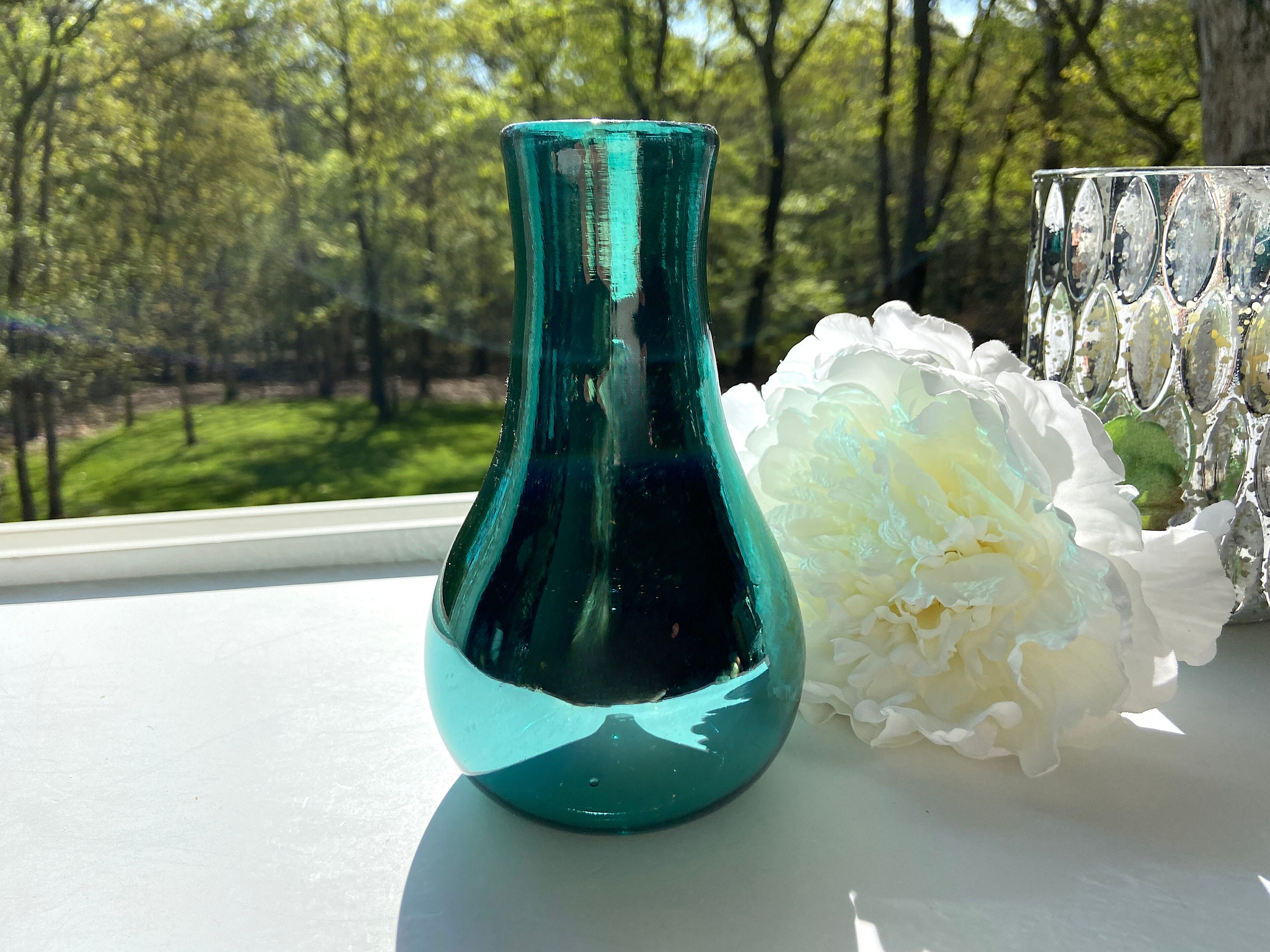 Teal Mercury Glass Vase: Hand-Blown Silvered Glass Decor