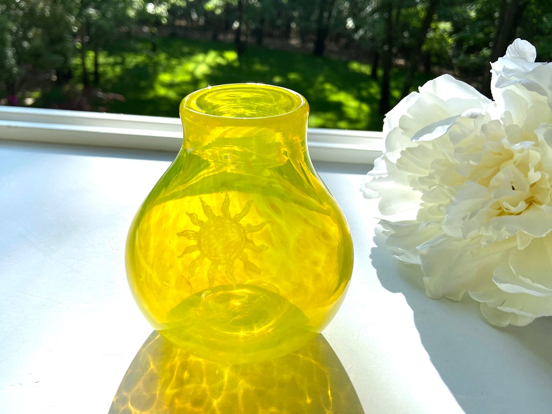 Bright Yellow Hand Blown Glass Bud Vase, Etched Sun Design, Handblown