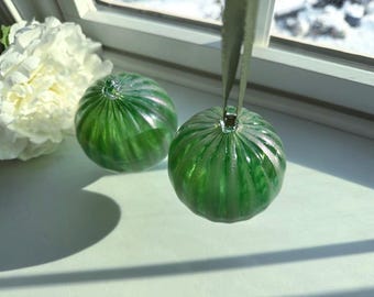 Hand-Blown Iridescent Green Glass Ornament: Fluted Pattern Spheres