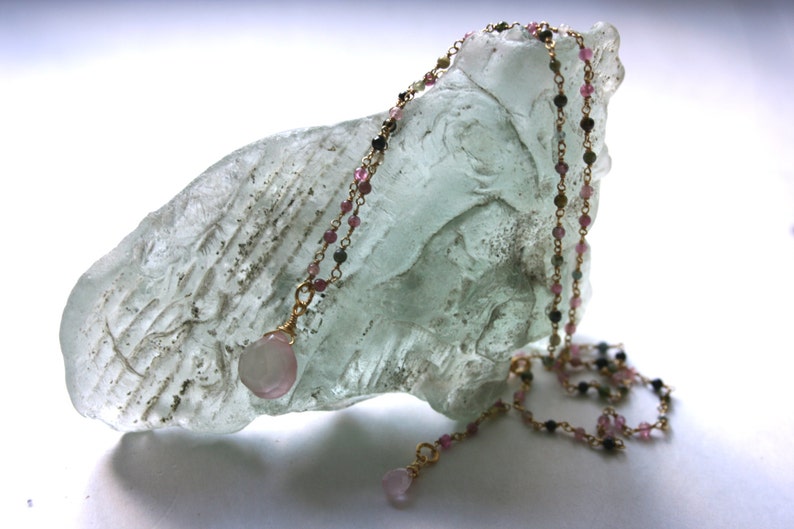 TheStudioAtPennyLane Semi-Precious Gemstones Delicate Pendant Necklace Long Necklace Fresh Multi-Color Tourmaline and Pink Quartz