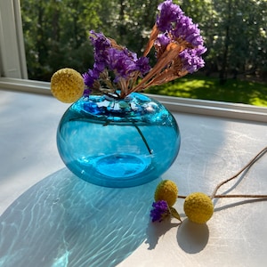 Hand-Blown Glass Bud Vase, Aquamarine Blue, Recycled, StudioAtPennyLane, Handblown, Boho Chic, Squat, Low Vase, DISCOUNTED, Country Cottage