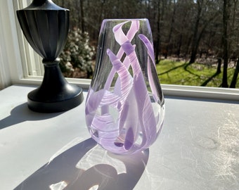 Hand Blown Glass Teardrop Vase: Purple Ribbon Abstract Art