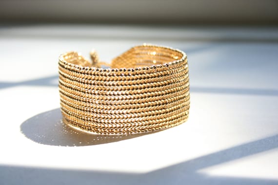Gold Beaded Cuff Bracelet: Herringbone Toggle Clasp, Boho Chic