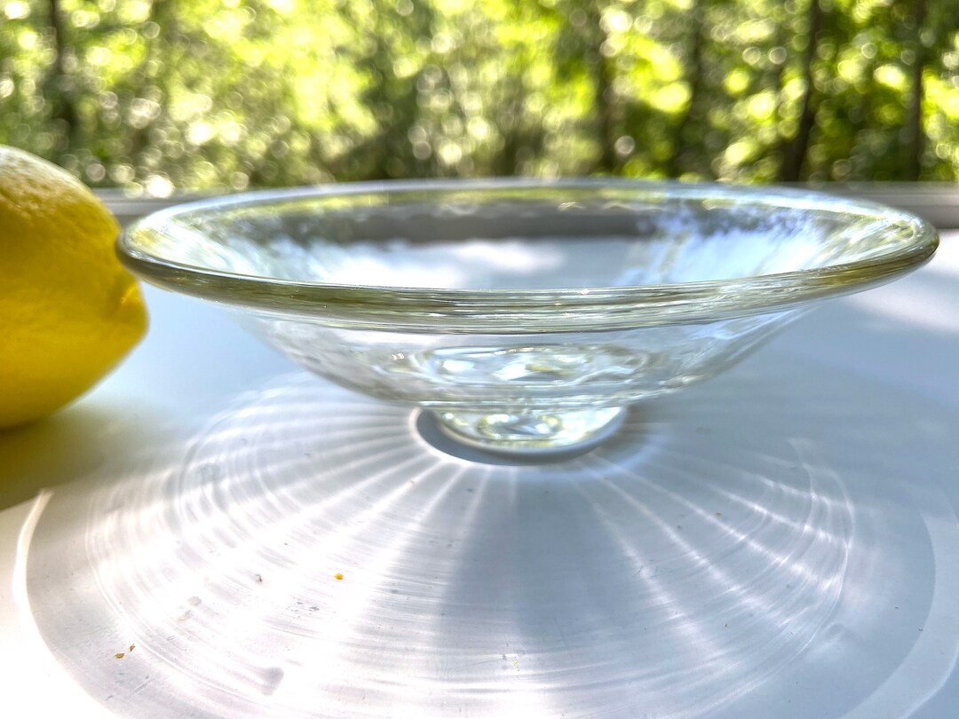 Handblown Glass Bowl, Clear, Ridged, Fluted Glass Low Bowl, Handblown