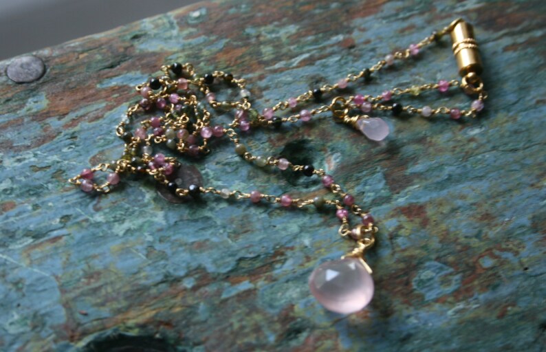 TheStudioAtPennyLane Semi-Precious Gemstones Delicate Pendant Necklace Long Necklace Fresh Multi-Color Tourmaline and Pink Quartz