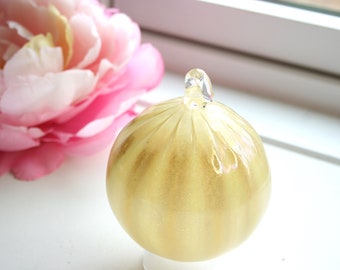 Hand Blown Glass Christmas Ornament: Iridescent Yellow Gold Fluted Globe