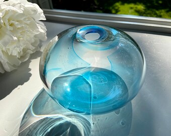 Hand-Blown Glass Bud Vase: Aqua Blue Swirl, Recycled Glass